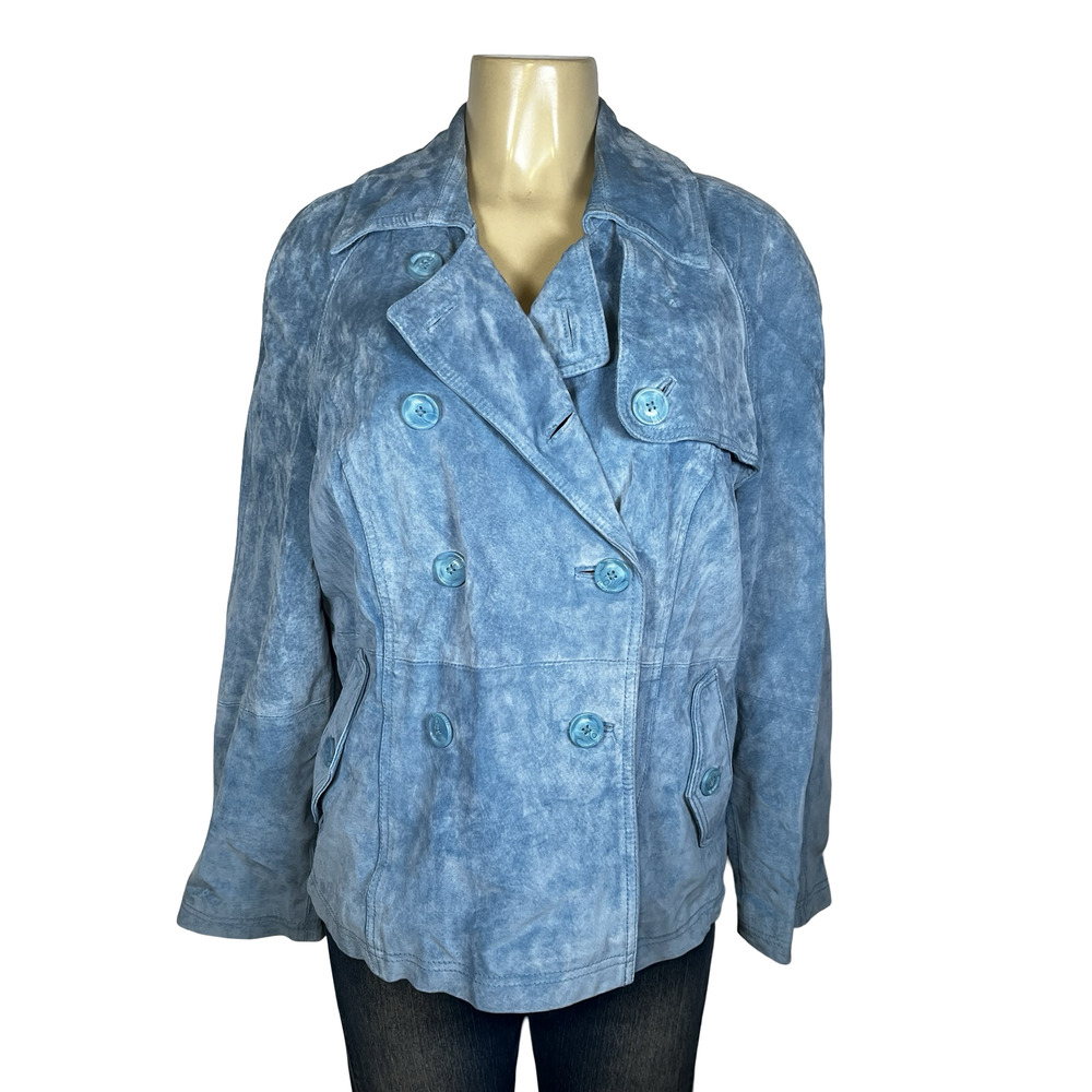 Terry Lewis Leather Jacket Womens Large Blue Suede Double Breasted Peacoat Lined